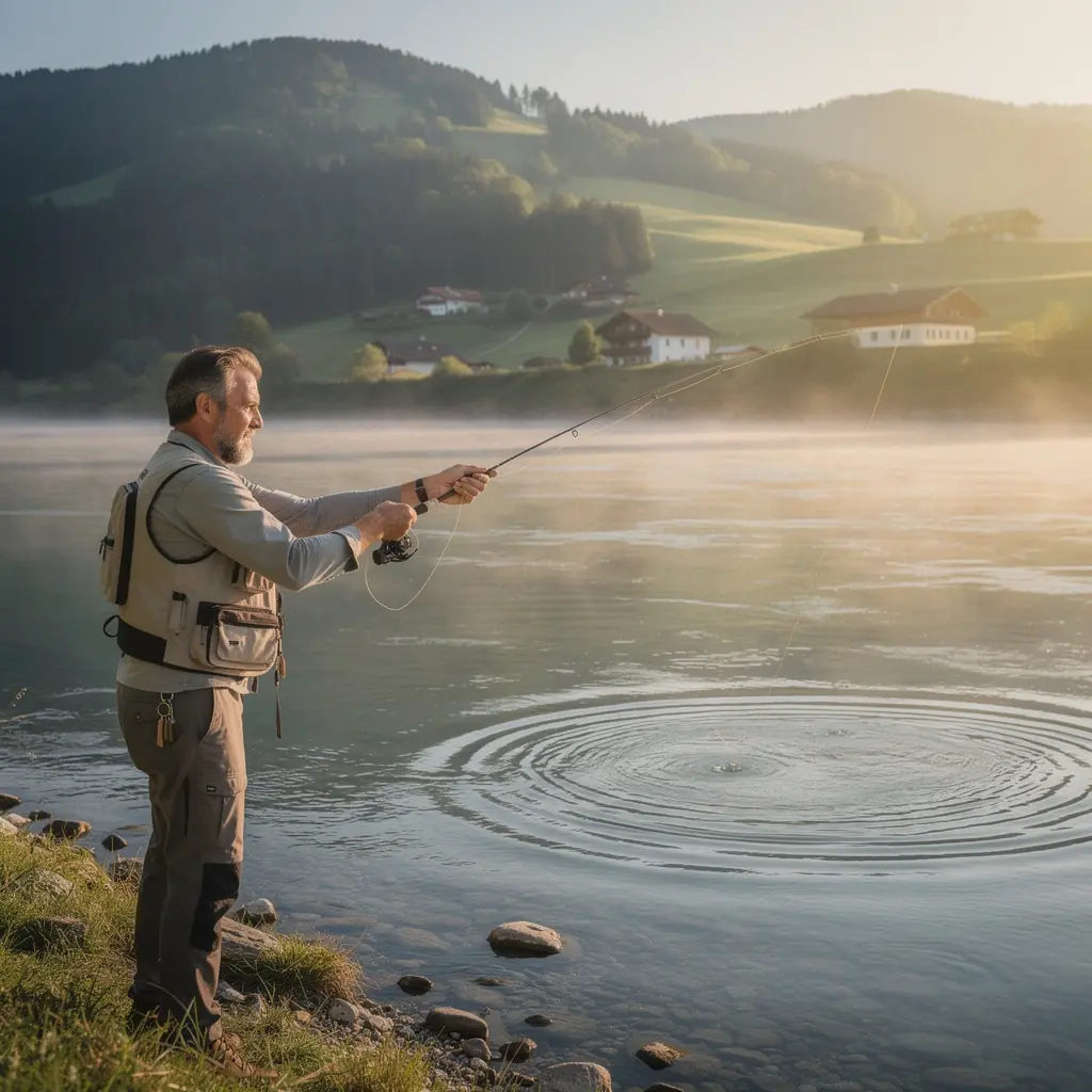 Ein Boot schaukelt sanft auf dem Wasser, während ein Angler seine Technik perfektioniert.