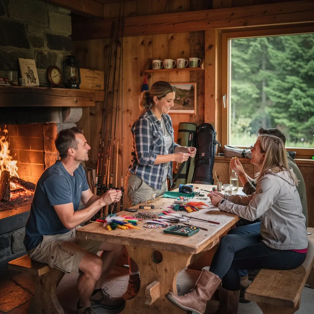 Ein Angler steht am Ufer eines malerischen Sees und wirft seine Fliegenrute aus.